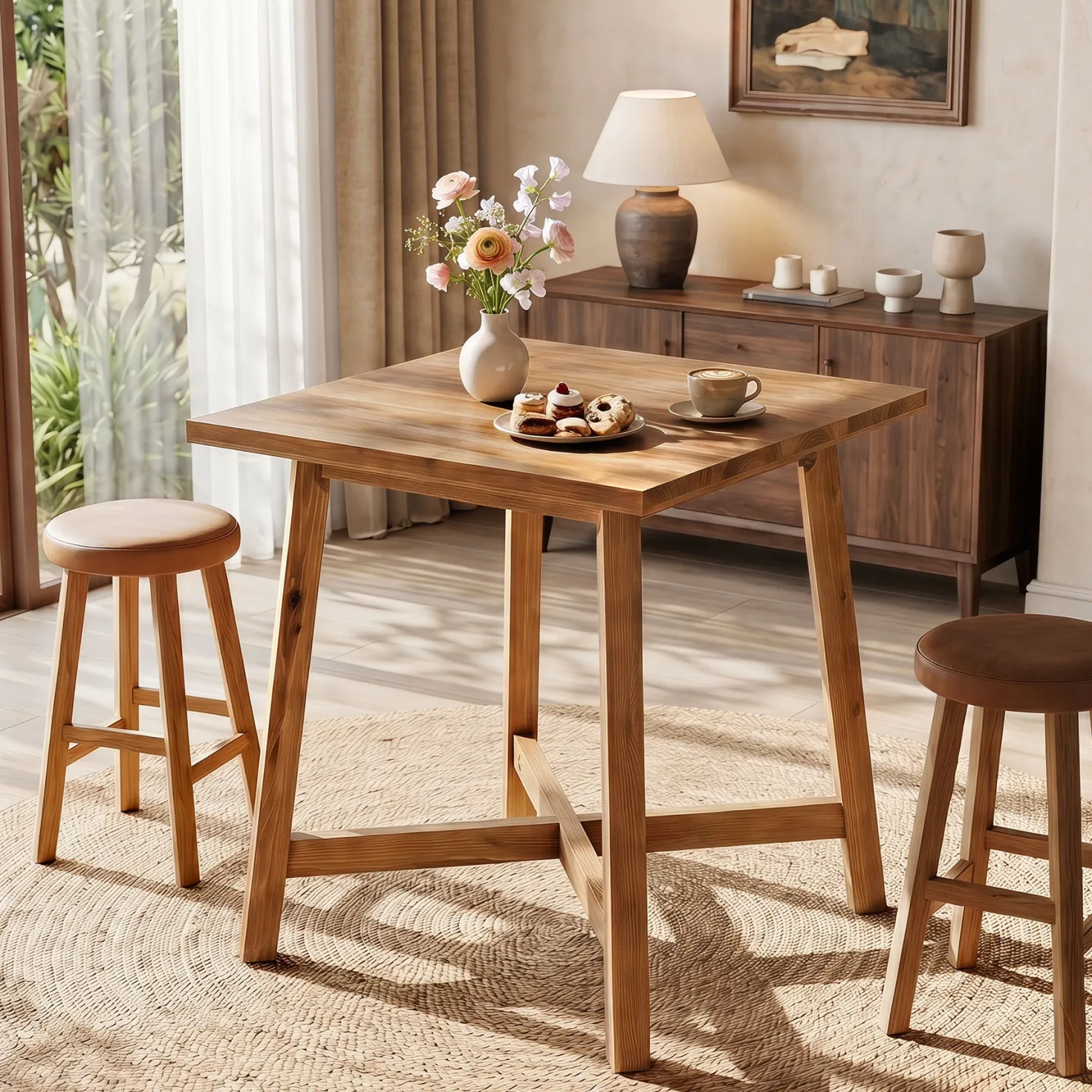 Solid Wood Bar Table, 31.5" Square Counter Height Pub Bistro Table with Footrest