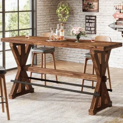 Solid Wood Bar Table, Rectangular Counter Height Pub Table With X-Base