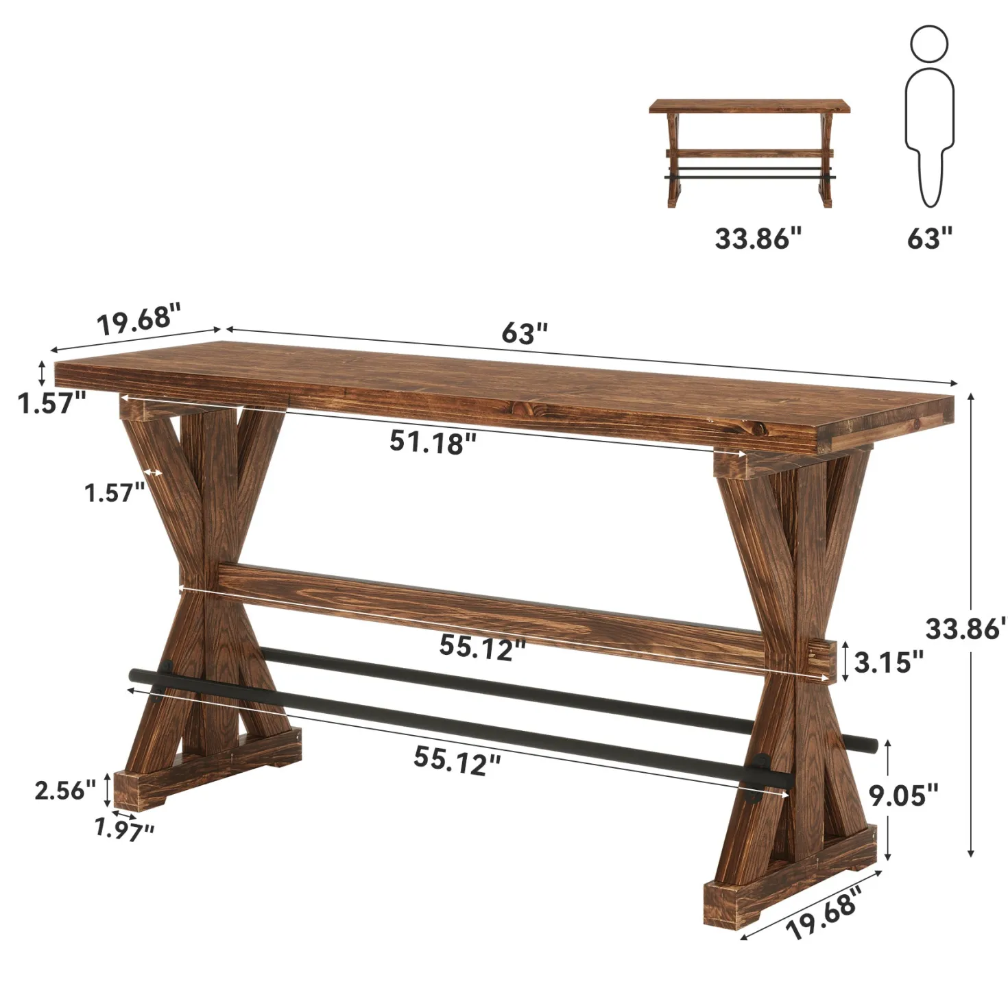 Solid Wood Bar Table, Rectangular Counter Height Pub Table With X-Base