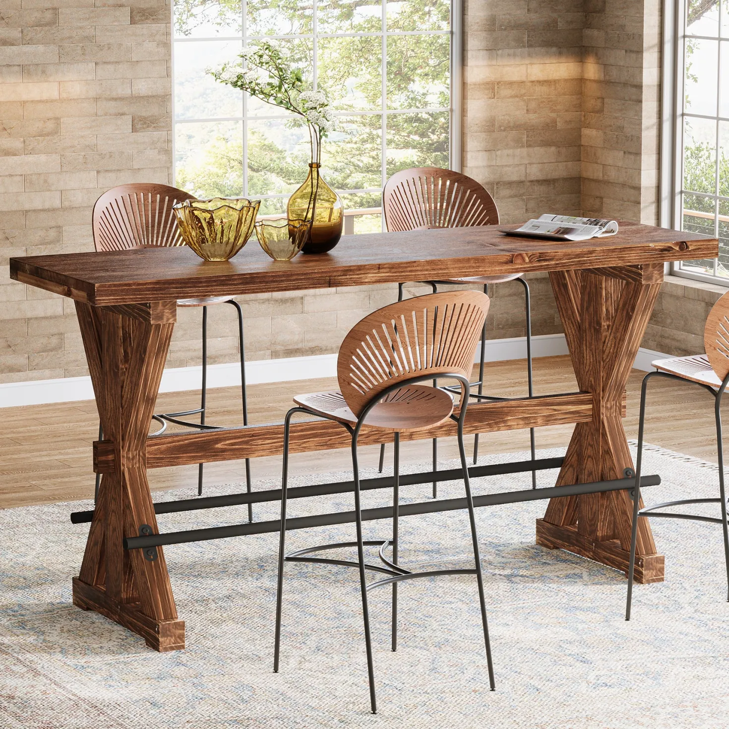 Solid Wood Bar Table, Rectangular Counter Height Pub Table With X-Base