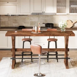 Solid Wood Bar Table, Rectangular Counter Height Pub Table With X-Base