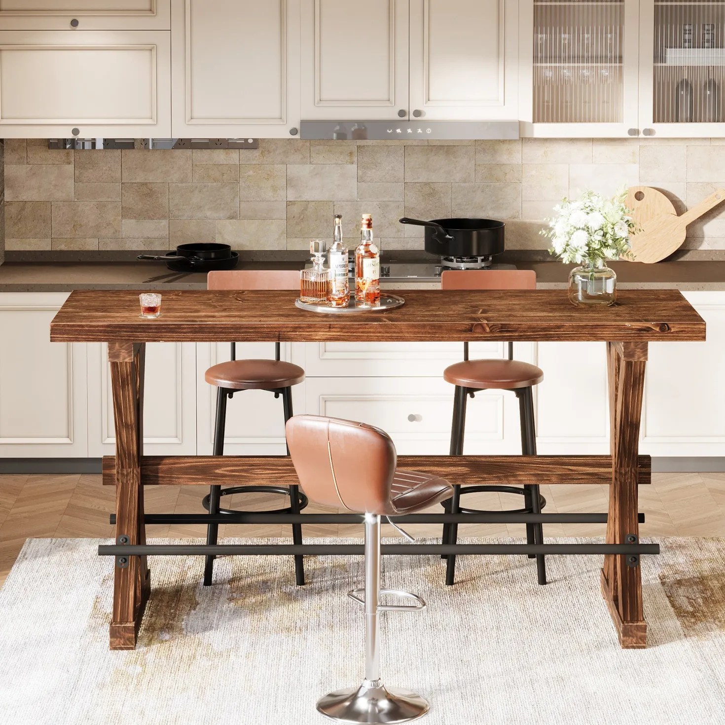 Solid Wood Bar Table, Rectangular Counter Height Pub Table With X-Base