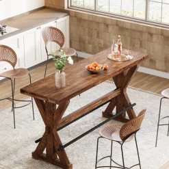 Solid Wood Bar Table, Rectangular Counter Height Pub Table With X-Base