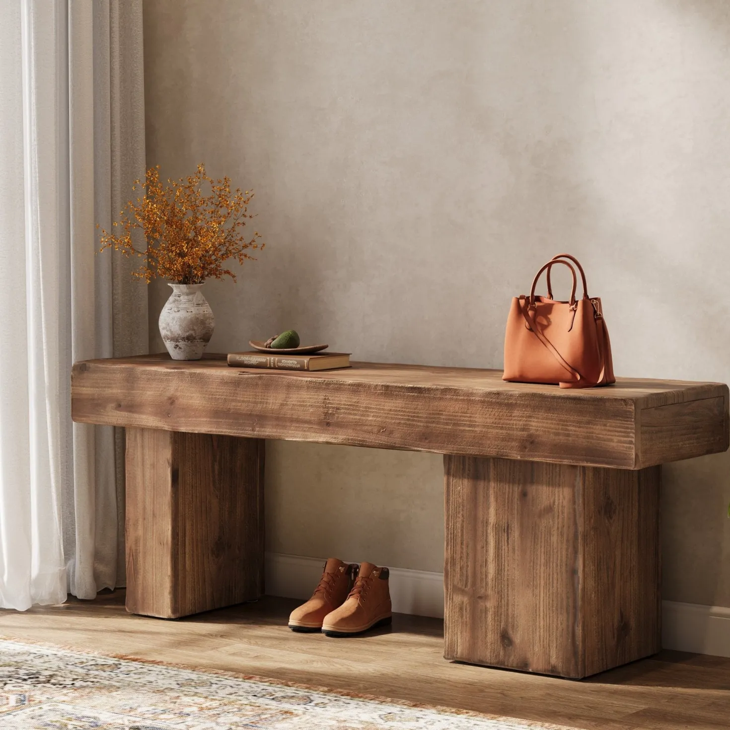 Solid Wood Bench, 47" Farmhouse Entryway Bench with Artistic Legs
