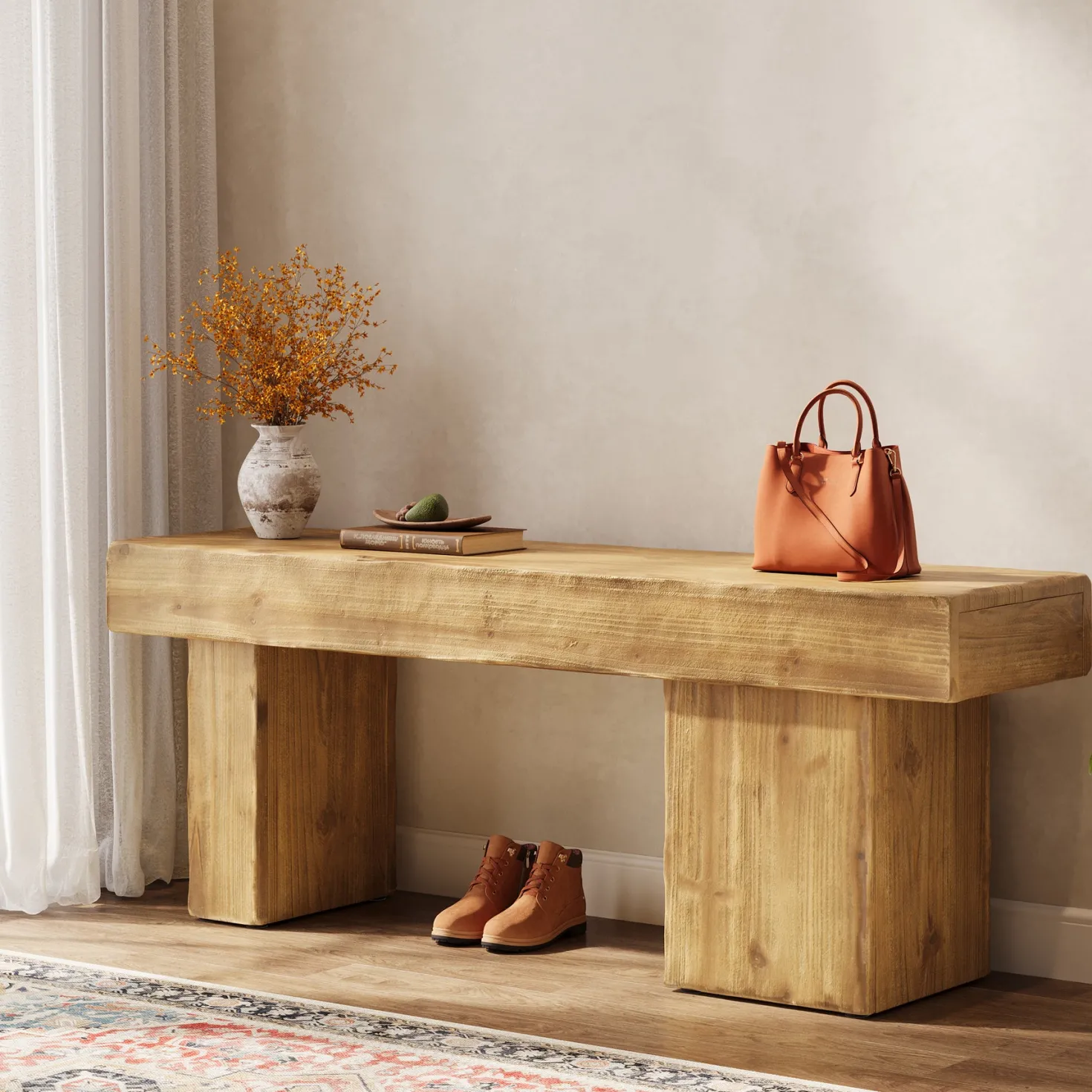 Solid Wood Bench, 47" Farmhouse Entryway Bench with Artistic Legs