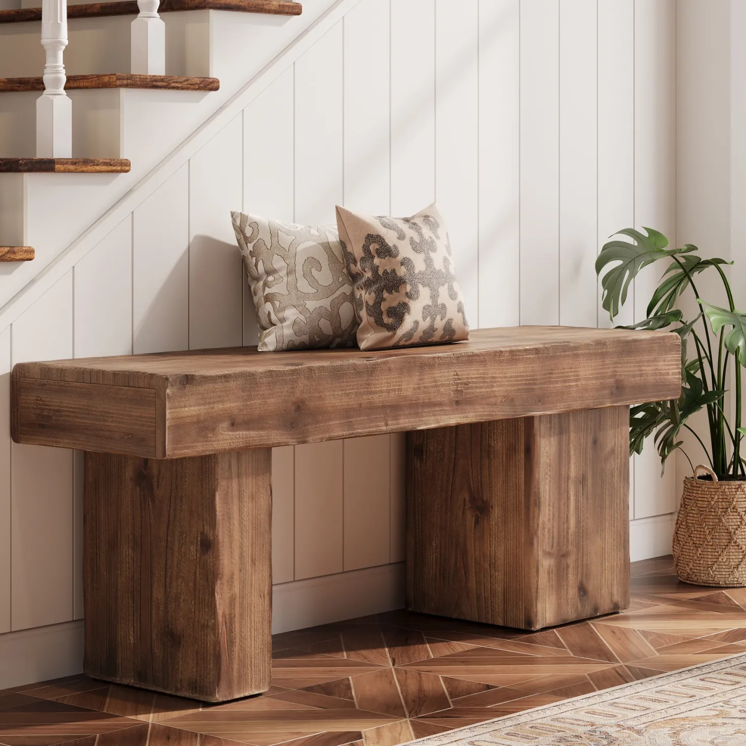 Solid Wood Bench, 47" Farmhouse Entryway Bench with Artistic Legs