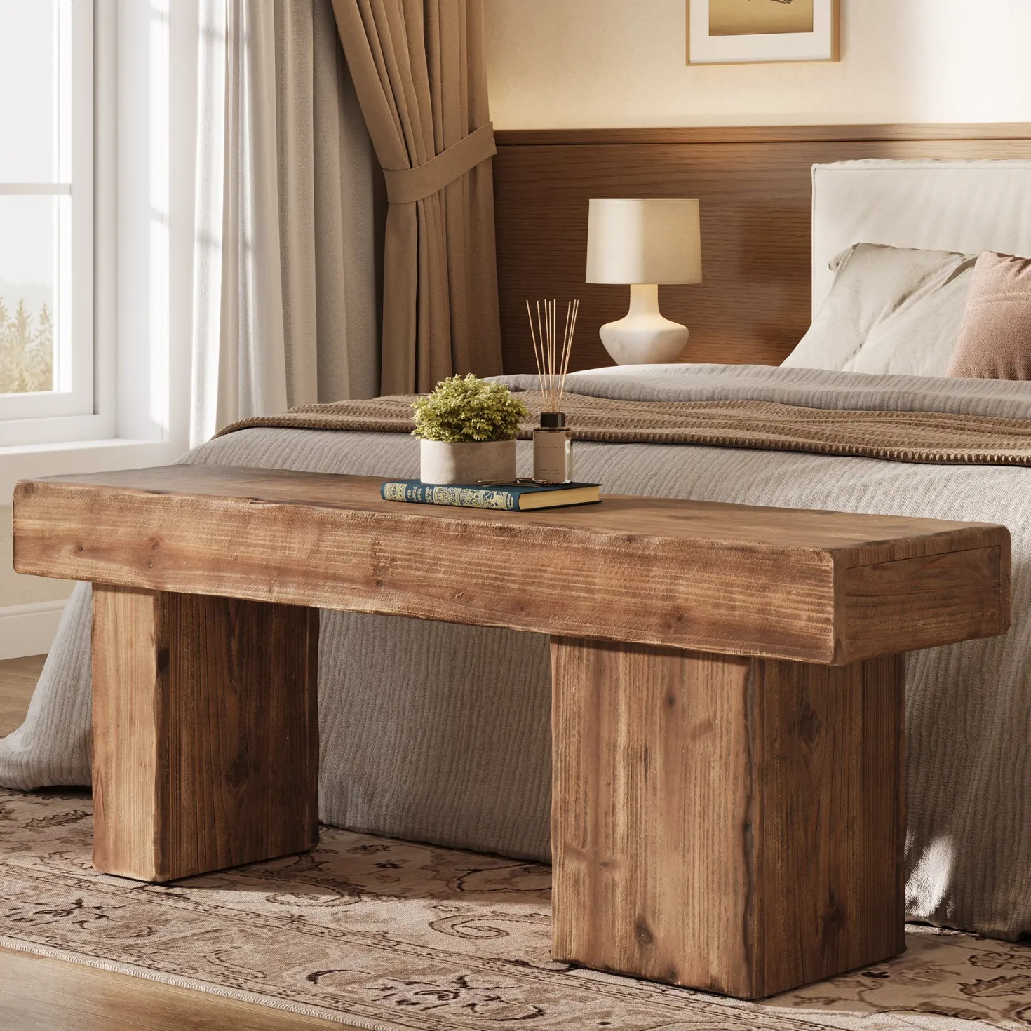Solid Wood Bench, 47" Farmhouse Entryway Bench with Artistic Legs
