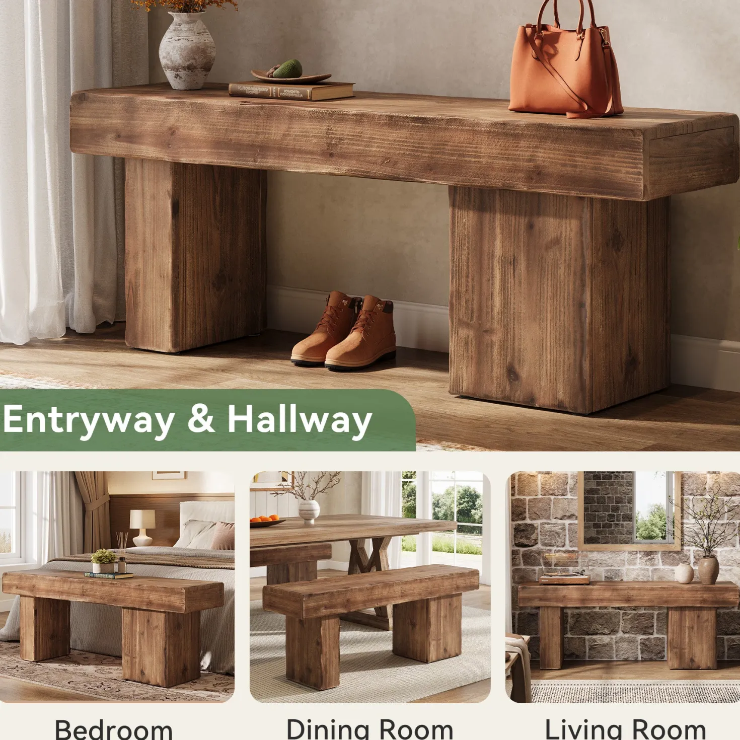 Solid Wood Bench, 47" Farmhouse Entryway Bench with Artistic Legs