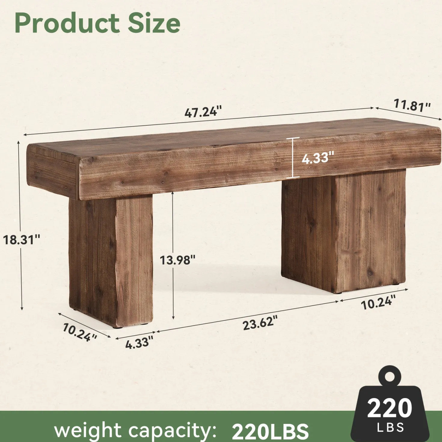 Solid Wood Bench, 47" Farmhouse Entryway Bench with Artistic Legs