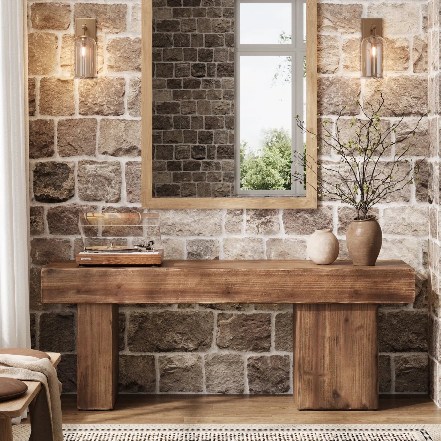 Solid Wood Bench, 47" Farmhouse Entryway Bench with Artistic Legs