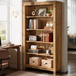 Solid Wood Bookcase, 5-Tier Bookshelf Display Storage Shelves