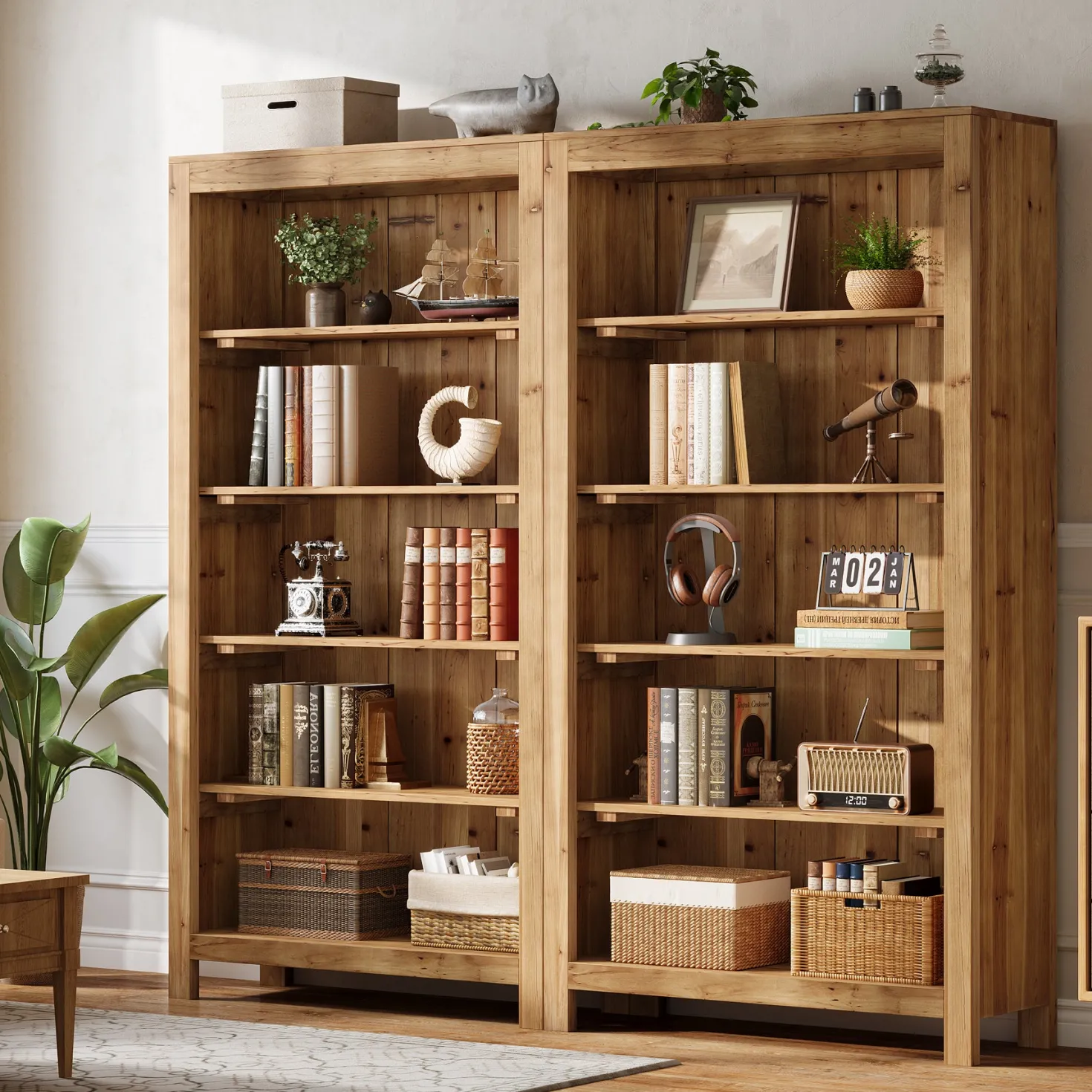 Solid Wood Bookcase, 5-Tier Bookshelf Display Storage Shelves