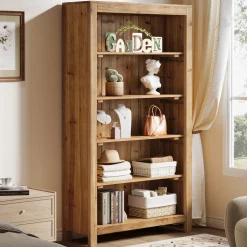Solid Wood Bookcase, 5-Tier Bookshelf Display Storage Shelves