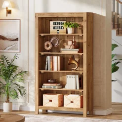 Solid Wood Bookcase, 5-Tier Bookshelf Display Storage Shelves