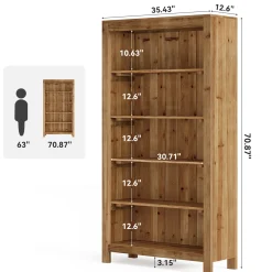 Solid Wood Bookcase, 5-Tier Bookshelf Display Storage Shelves