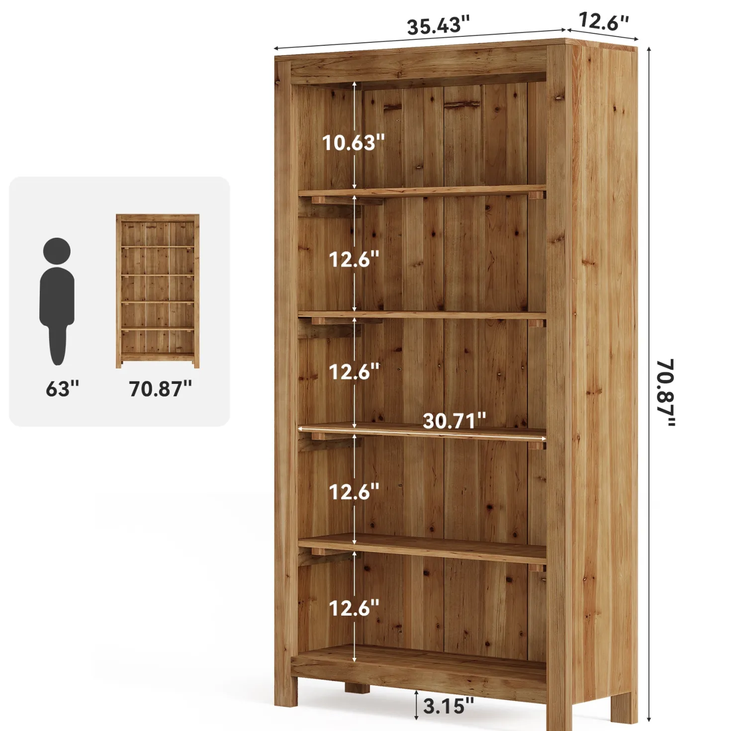 Solid Wood Bookcase, 5-Tier Bookshelf Display Storage Shelves