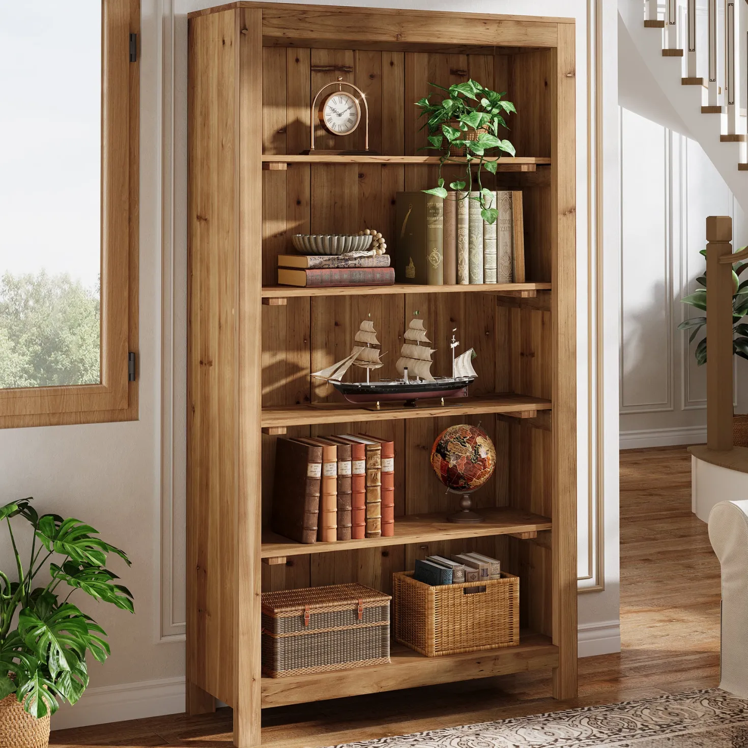 Solid Wood Bookcase, 5-Tier Bookshelf Display Storage Shelves