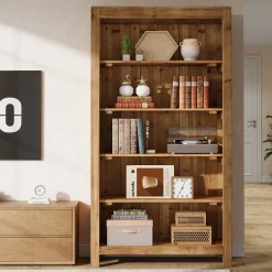 Solid Wood Bookcase, 5-Tier Bookshelf Display Storage Shelves