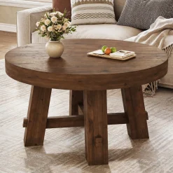 Solid Wood Coffee Table, 31.5" Round Center Table with Thickened Tabletop