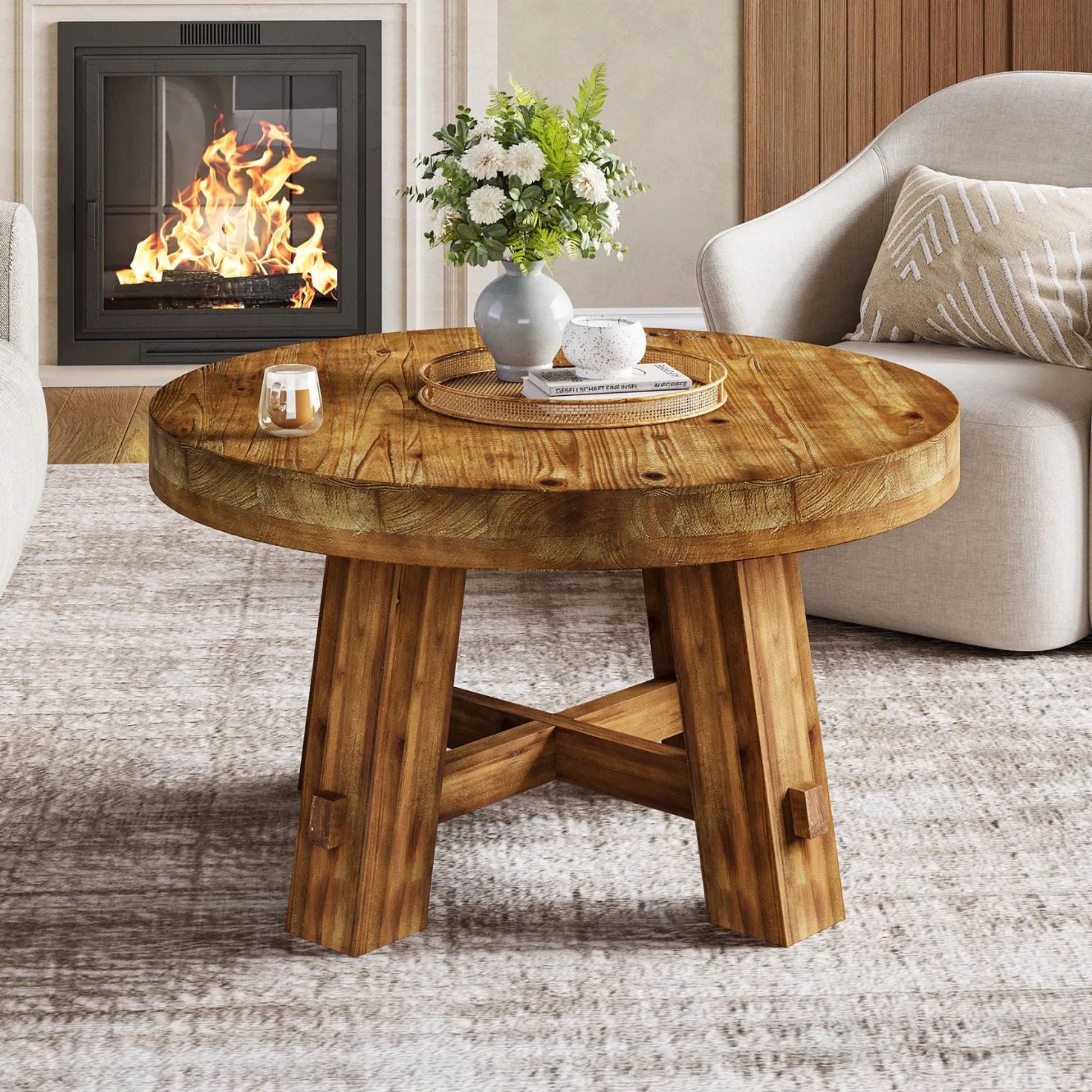 Solid Wood Coffee Table, 31.5" Round Center Table with Thickened Tabletop