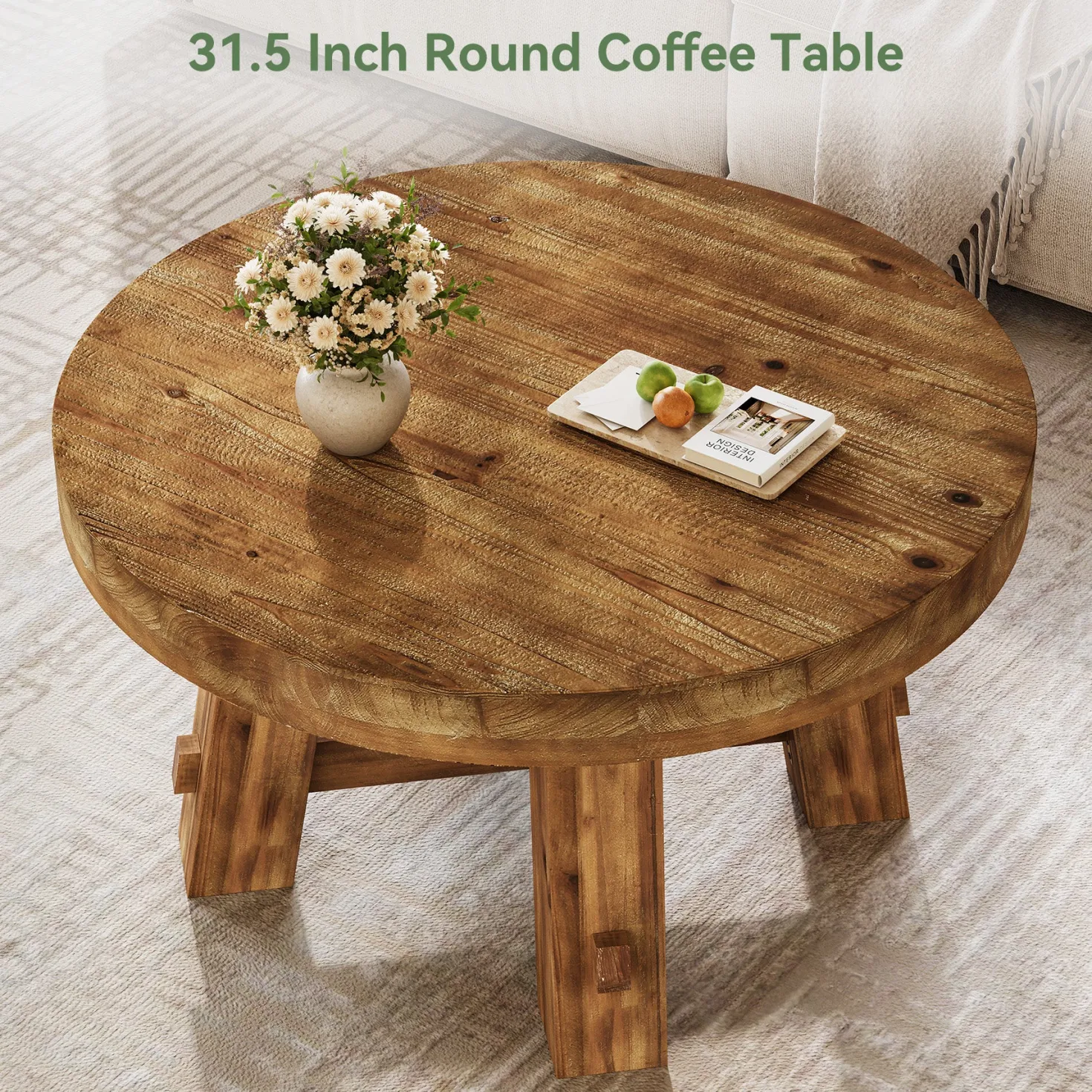 Solid Wood Coffee Table, 31.5" Round Center Table with Thickened Tabletop