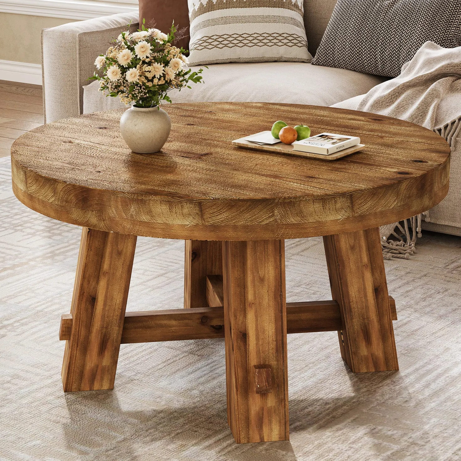 Solid Wood Coffee Table, 31.5" Round Center Table with Thickened Tabletop