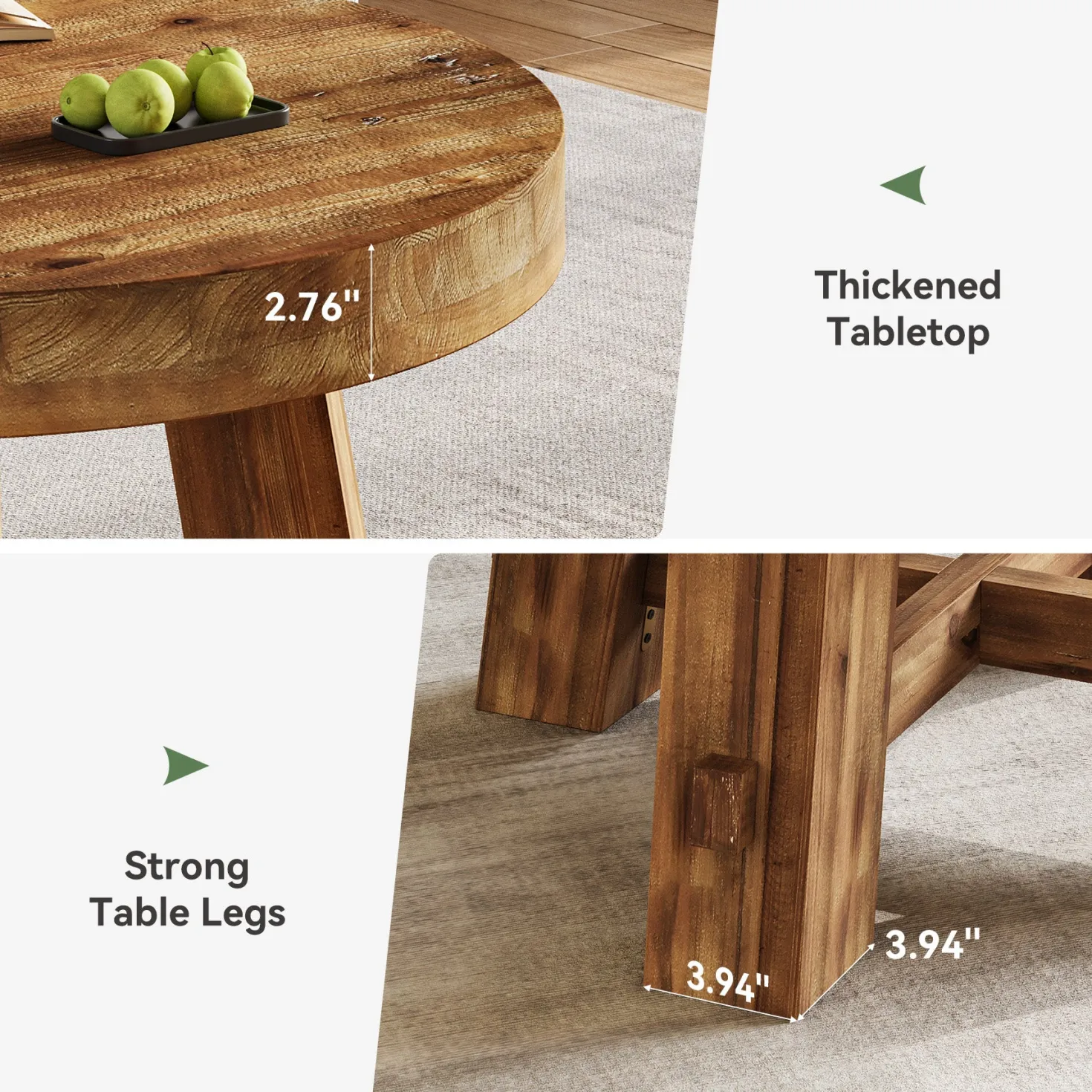 Solid Wood Coffee Table, 31.5" Round Center Table with Thickened Tabletop