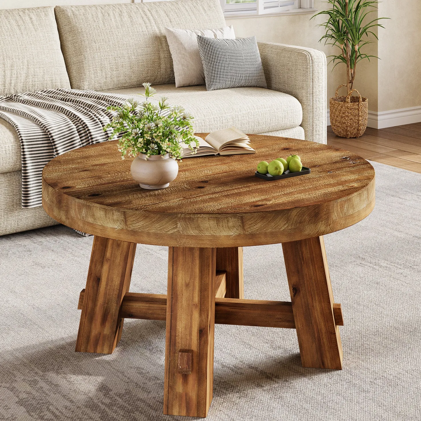 Solid Wood Coffee Table, 31.5" Round Center Table with Thickened Tabletop