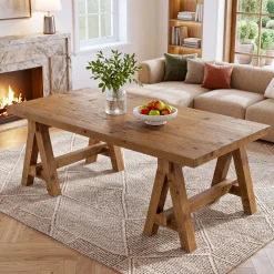 Solid Wood Coffee Table, 47" Farmhouse Center Table with Trestle Base for Living Room