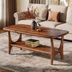 Solid Wood Coffee Table, 47.24” Rectangle Center Table with 2-Tier Storage