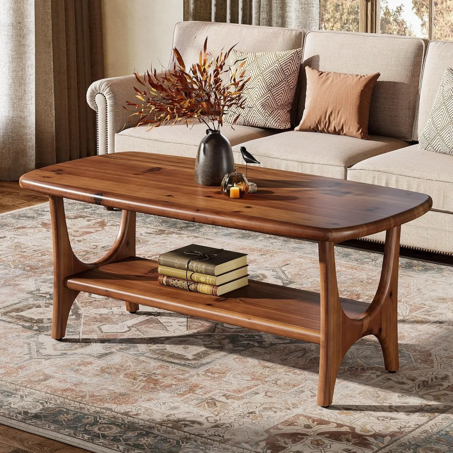 Solid Wood Coffee Table, 47.24” Rectangle Center Table with 2-Tier Storage