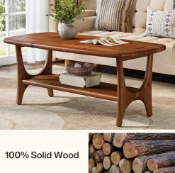 Solid Wood Coffee Table, 47.24” Rectangle Center Table with 2-Tier Storage