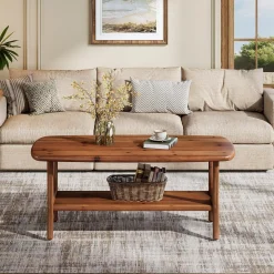 Solid Wood Coffee Table, 47.24” Rectangle Center Table with 2-Tier Storage