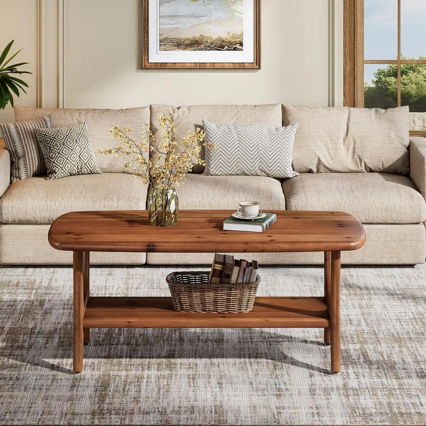 Solid Wood Coffee Table, 47.24” Rectangle Center Table with 2-Tier Storage