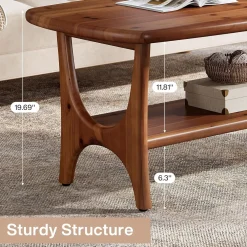 Solid Wood Coffee Table, 47.24” Rectangle Center Table with 2-Tier Storage