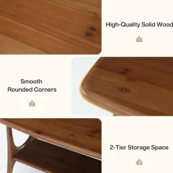 Solid Wood Coffee Table, 47.24” Rectangle Center Table with 2-Tier Storage