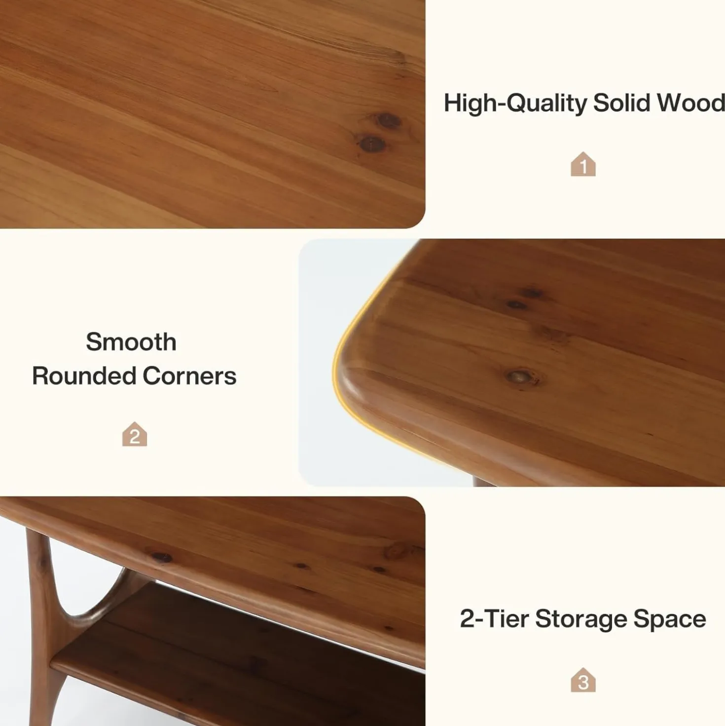 Solid Wood Coffee Table, 47.24” Rectangle Center Table with 2-Tier Storage