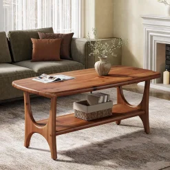 Solid Wood Coffee Table, 47.24” Rectangle Center Table with 2-Tier Storage