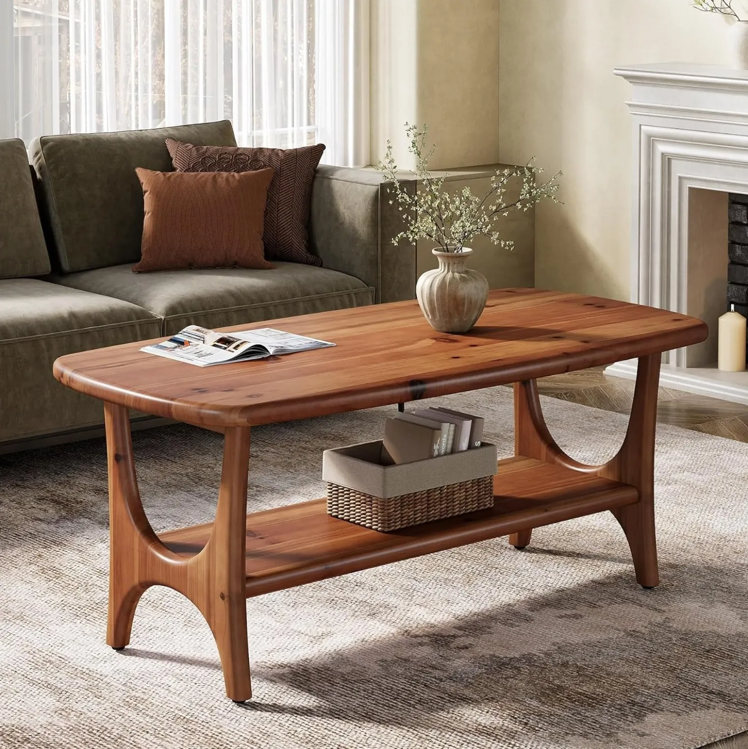 Solid Wood Coffee Table, 47.24” Rectangle Center Table with 2-Tier Storage