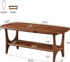 Solid Wood Coffee Table, 47.24” Rectangle Center Table with 2-Tier Storage
