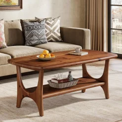 Solid Wood Coffee Table, 47.24” Rectangle Center Table with 2-Tier Storage