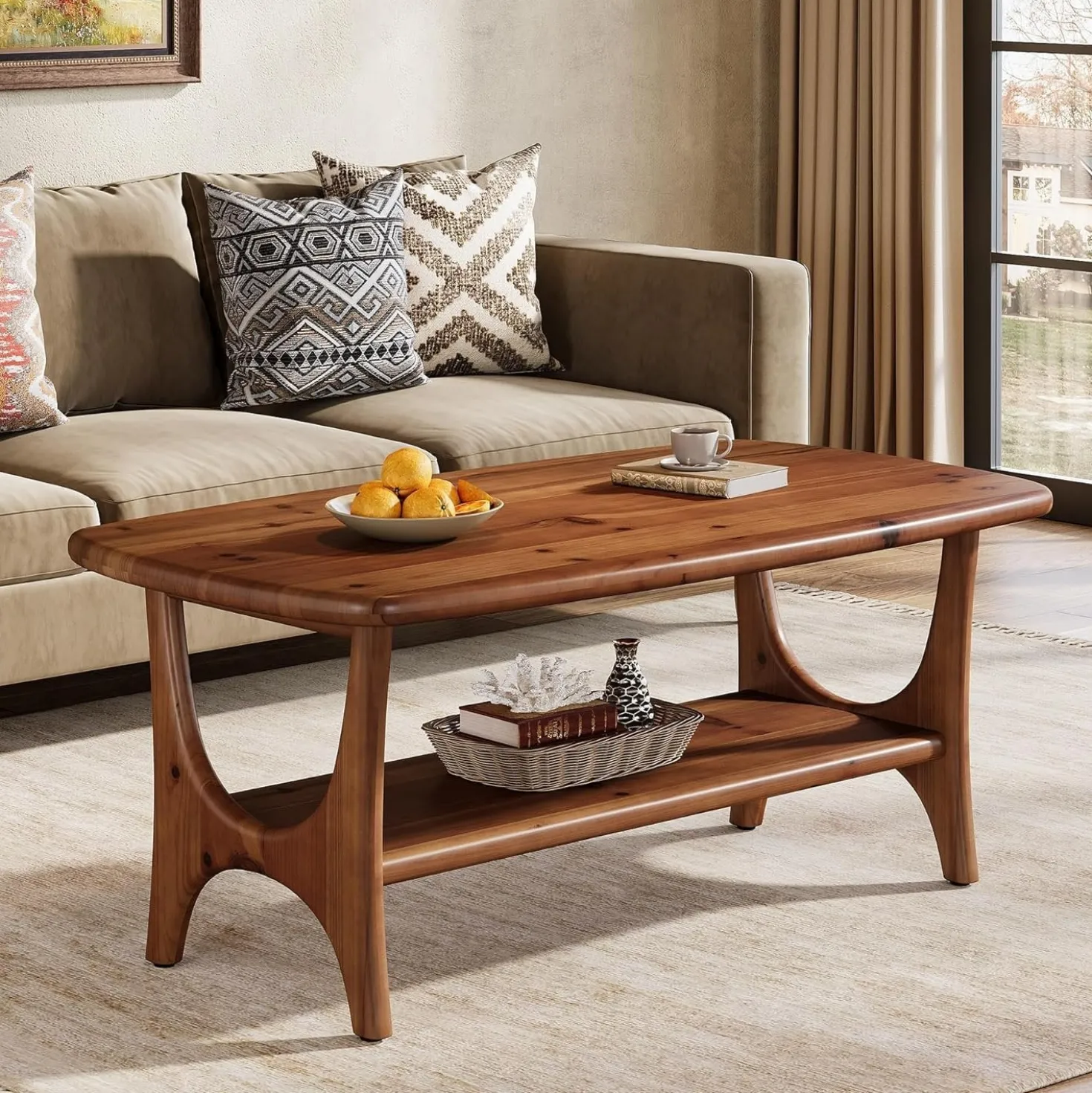 Solid Wood Coffee Table, 47.24” Rectangle Center Table with 2-Tier Storage