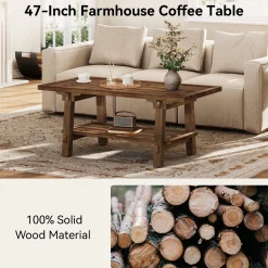 Solid Wood Coffee Table, 47" Rectangle Center Table with 2-Tier Shelves