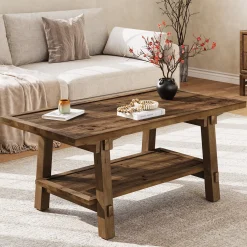 Solid Wood Coffee Table, 47" Rectangle Center Table with 2-Tier Shelves