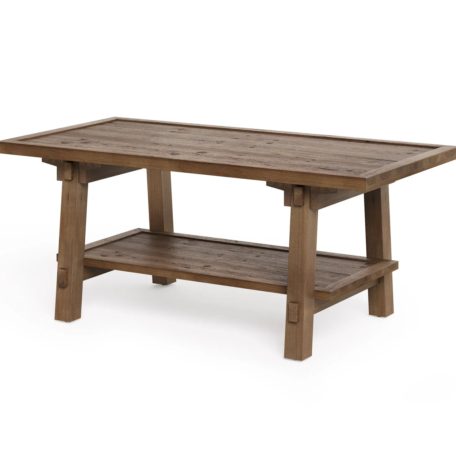 Solid Wood Coffee Table, 47" Rectangle Center Table with 2-Tier Shelves