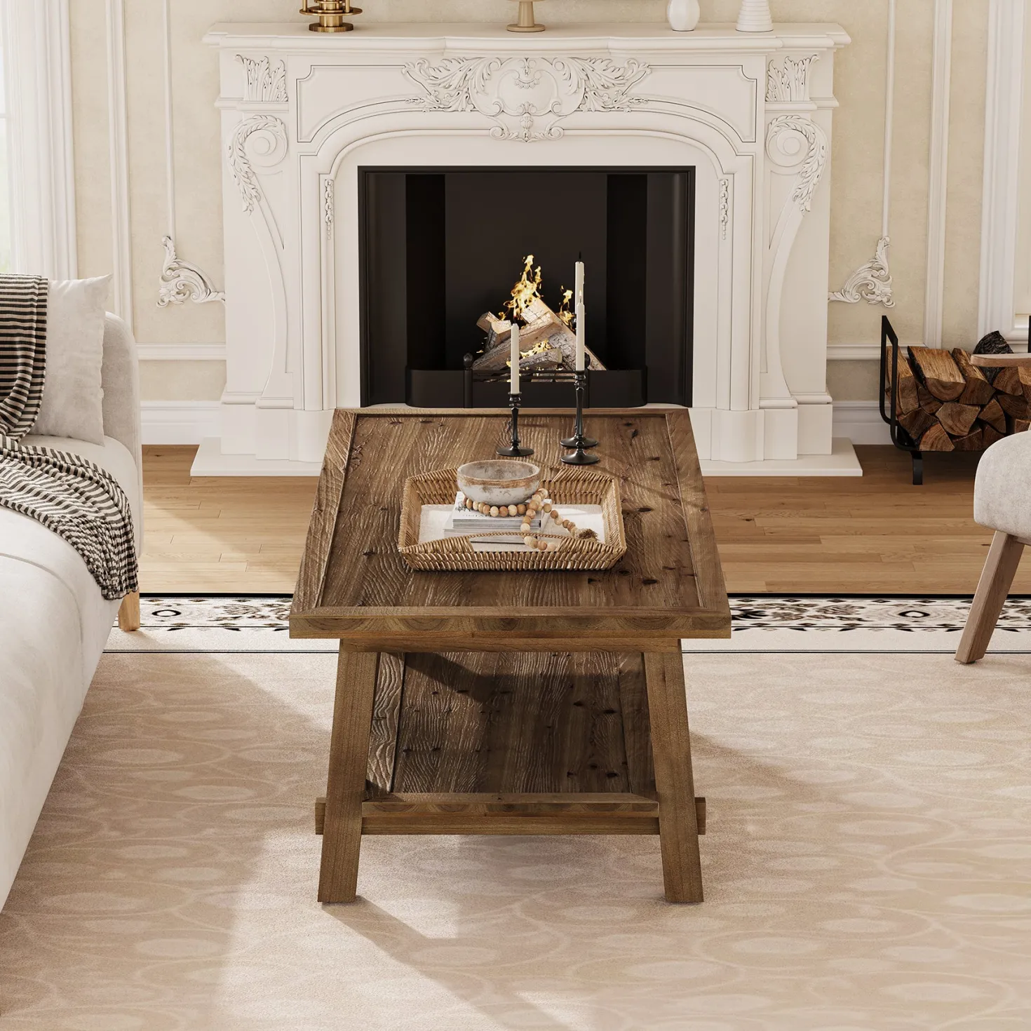 Solid Wood Coffee Table, 47" Rectangle Center Table with 2-Tier Shelves