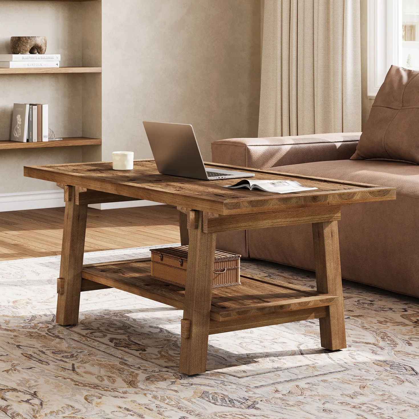 Solid Wood Coffee Table, 47" Rectangle Center Table with 2-Tier Shelves