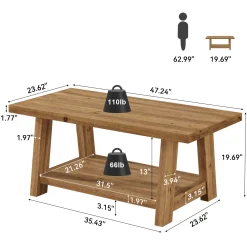 Solid Wood Coffee Table, 2-Tier Rectangle Center Table with Lower Storage Shelf