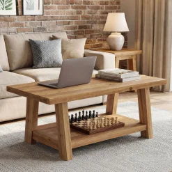 Solid Wood Coffee Table, 2-Tier Rectangle Center Table with Lower Storage Shelf