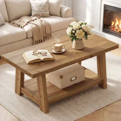 Solid Wood Coffee Table, 2-Tier Rectangle Center Table with Lower Storage Shelf